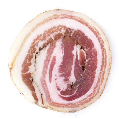 Rolled matured pancetta without rind